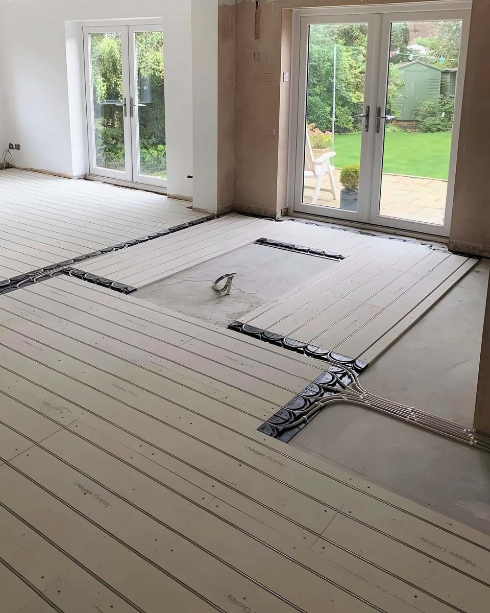 Underfloor heating pipework laid in boards across an extension floor