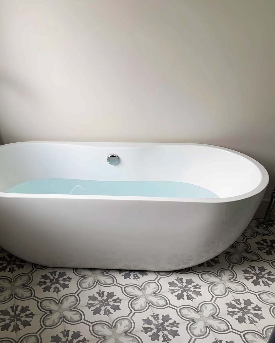 Freestanding bath with a floor-standing mixer tap on patterned floor tiles
