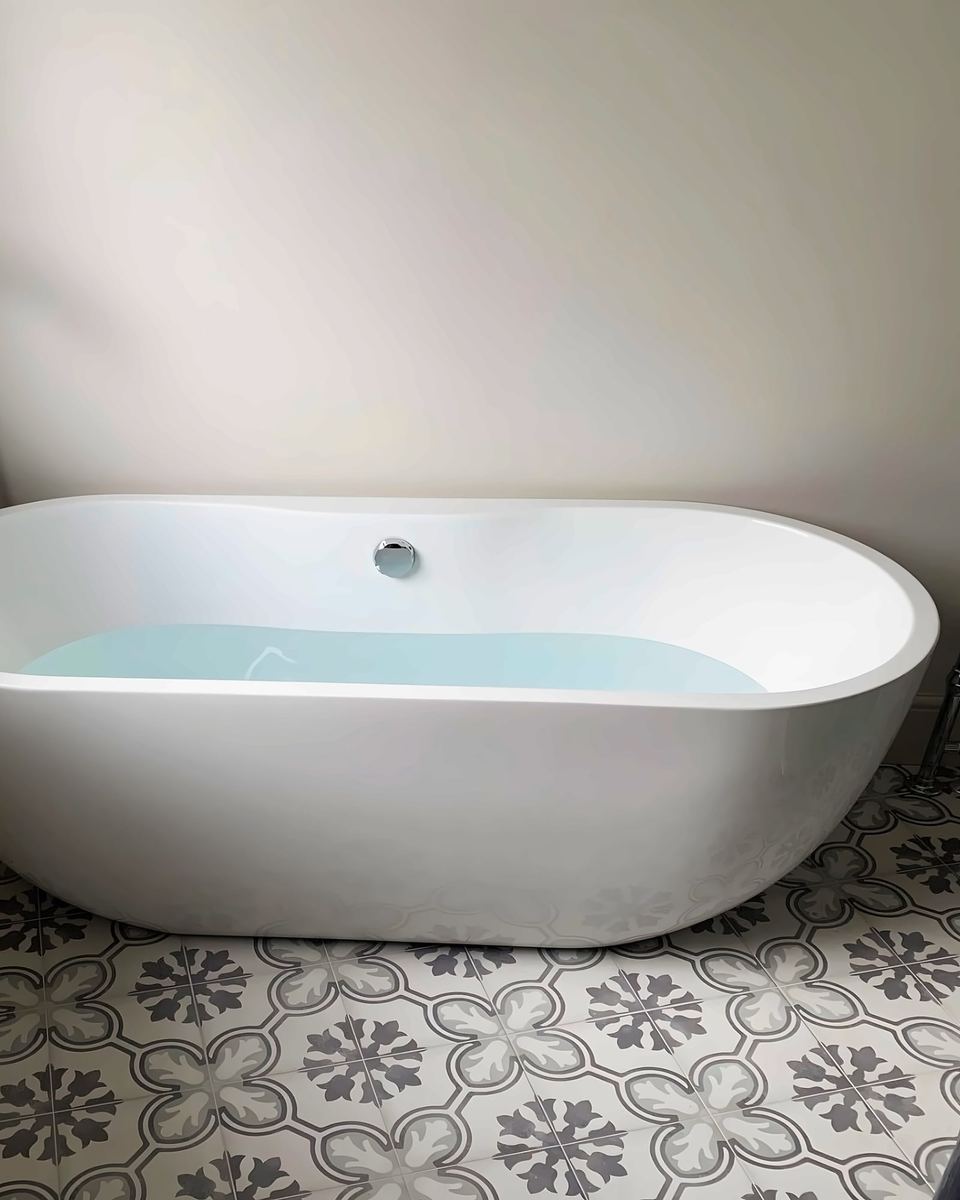 Freestanding bath with a floor-standing mixer tap on patterned floor tiles